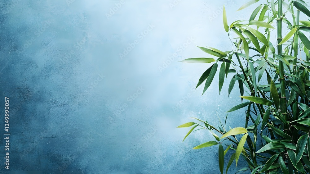 Poster lush vibrant green bamboo leaves and stems in a tranquil natural setting with blurred background and