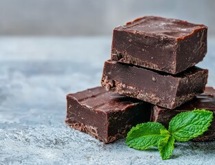 Delicious homemade chocolate fudge with mint garnish.