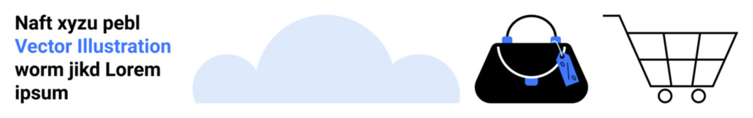 Cloud graphic with a stylish black handbag and minimalistic shopping cart. Ideal for ecommerce, fashion, technology, digital storage, retail, online shopping, flat landing page banner