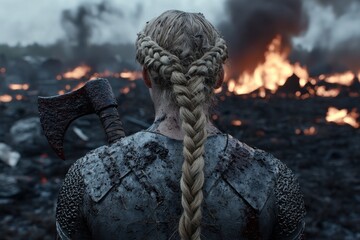 Viking warrior woman standing in a battlefield after a battle.