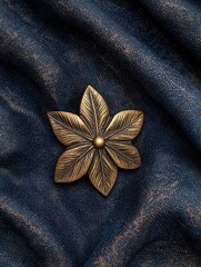 Close-up of a golden flower brooch on blue fabric.