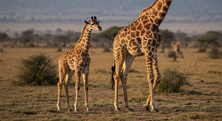 Obraz premium Giraffe and Calf Walking in African Savannah Landscape at Sunset