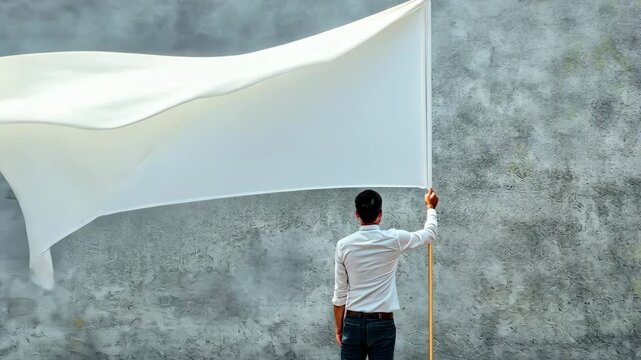 Negotiator holding a white flag in a neutral zone, symbolizing a call for peaceful dialogue between two opposing factions