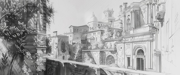Obraz premium Detailed pencil sketch of a weathered cityscape. Intricate lines define old architecture. Deep shadows and vines add depth and realism.