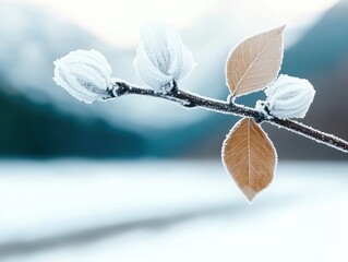 Frost covered leaves and buds on a branch in winter.