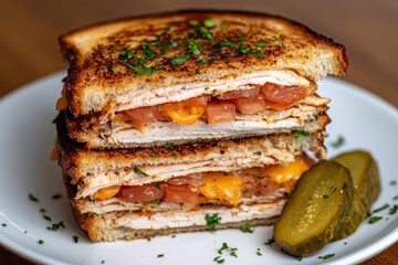 A delicious turkey sandwich with tomatoes, cheese, and pickles.
