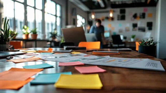 Group of professionals reviewing a strategic plan, charts and notes scattered across the desk in a bright and collaborative environment