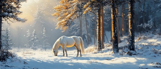 White horse grazing snowy forest sunrise winter calm nature peace