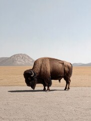 A majestic bison grazing in a vast, open field.