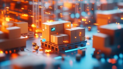 Stack of cardboard boxes on a pallet in a futuristic warehouse setting.  Warm orange and cool blue tones.
