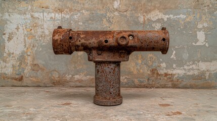 Rusty metal pipe fitting on a concrete floor.