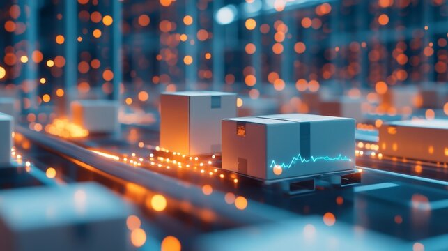 Cardboard boxes move along a conveyor belt in a futuristic warehouse.  Data visualization glows on one box.