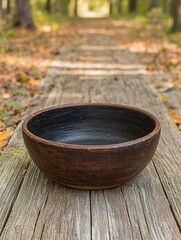 Fototapeta premium Rustic pottery bowl on a wooden path in a forest.