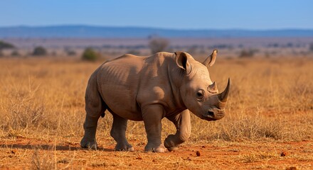 Obraz premium Rhino Calf Walking in African Savannah Habitat Conservation Wildlife