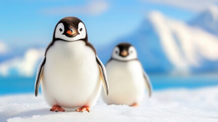 Obraz premium Cute Penguins Walking on Snowy Landscape in Bright Arctic Environment