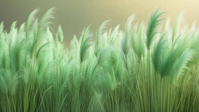 Green Pampas Grass Blowing in the Wind on a Sunny Day
