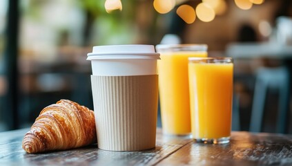 Morning Coffee, Croissant, and Orange Juice at a Cafe