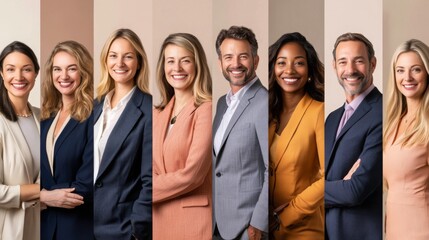Fototapeta premium Diverse group of professionals in business attire. Smiling faces, warm colors.