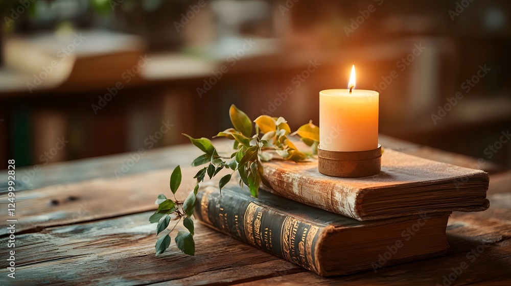 Aufkleber cozy candlelit stack of old books on a rustic wooden table with a natural foliage accent creating a 