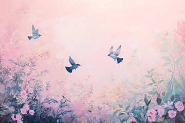 Pastel pink floral garden with three blue birds in flight.