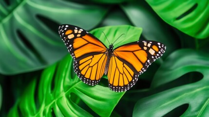 Beautiful Monarch Butterfly Resting on Green Tropical Leaves