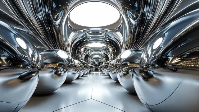 Intricate reflections of spheres in a futuristic room, metallic and chrome textures, isolated on white background, surreal and abstract art