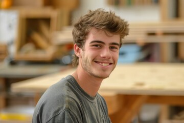 Smiling young man working in carpentry