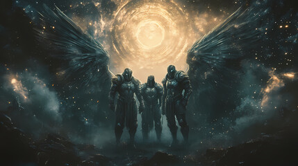 Four armored beings with wings stand united against a cosmic backdrop in a celestial realm. Ancient Cosmic Beings. Illustration