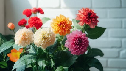 Vibrant dahlias in a pot, showcasing a variety of colors against a white brick wall.