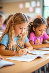 Two young students, focused on their work, diligently complete their class assignments.