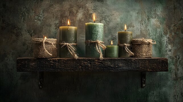 Cozy candlelit advent wreath with green and black candles on a rustic wooden shelf against a moody dark background  Creating a serene meditative and festive atmosphere for the holiday season