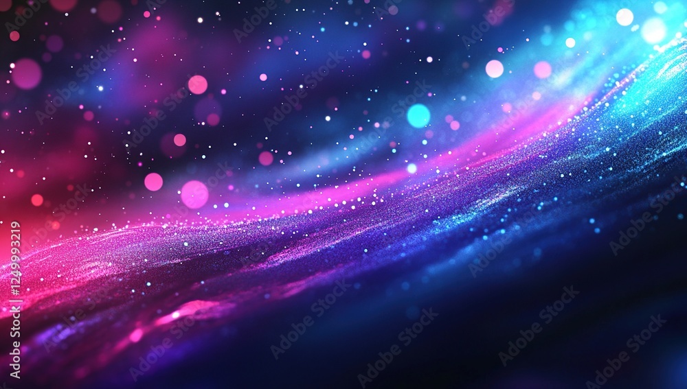 Poster abstract glittering particles flow dynamically in vivid pink and blue hues, creating a mesmerizing v