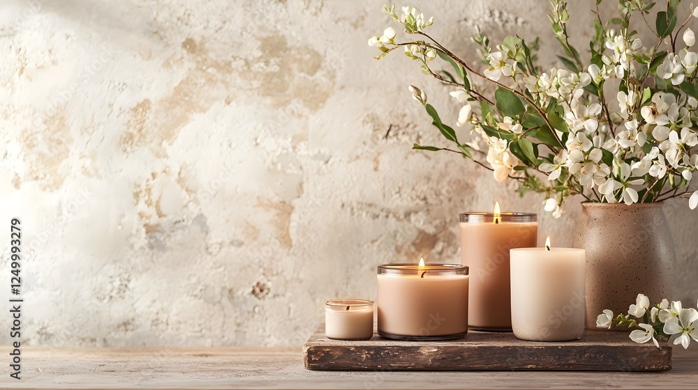 Poster cozy and tranquil candlelit scene with a bouquet of fresh flowers in a rustic vase creating a warm a
