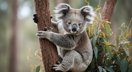 Obraz premium Cute Koala Climbing Tree in Natural Habitat Australian Wildlife