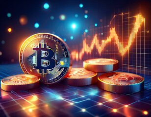 Monedas de Botcoin con gráfica de valor en bolsa al fondo, imágen en tonos dorados y cálidos.