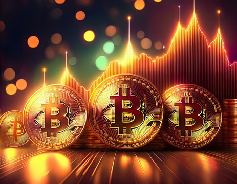 Monedas de Botcoin con gr&aacute;fica de valor en bolsa al fondo, im&aacute;gen en tonos dorados y c&aacute;lidos.