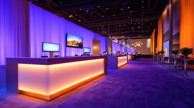 Illuminated registration counters in a modern convention center