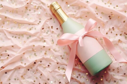 Champagne bottle with pink bow on blush background with gold confetti. Wedding celebration design. Romantic holiday setup for Valentine day, New Year eve, bridal shower, anniversary with copy space