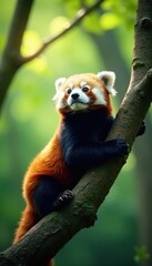 Small panda in Chinese tree branches, looking upward , adorable, cute panda, bamboo leaves
