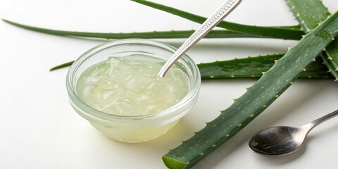 aloe vera gel with a straw and spoon in a small bowl, utensils, small bowl, aloe vera gel for skin care
