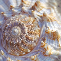 Detailed Close-Up View of an Intricately Ridged Seashell on the Beach Under Sunlight