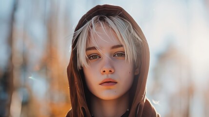 A headshot of a person with platinum blonde hair, wearing a hoodie, against a soft bokeh background.