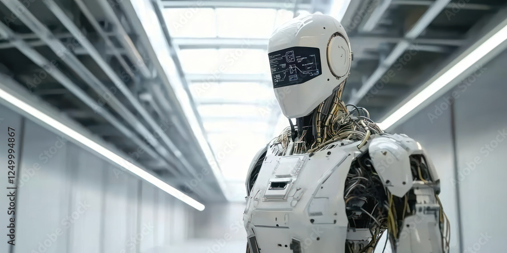 Poster humanoid robot with sleek design stands in futuristic lab, showcasing advanced technology and intric