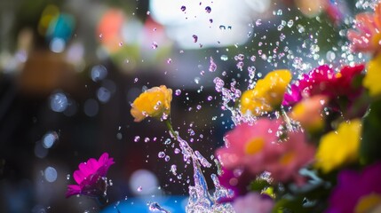 Thai Songkran Festival: Vibrant Floral Fabric with Water Droplets in Motion, Capturing Joy and Renewal
