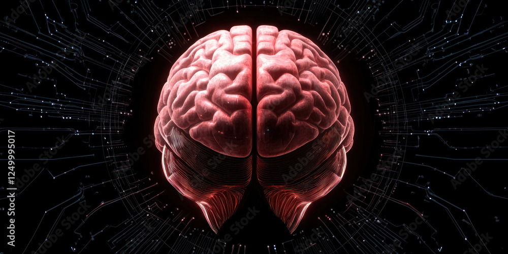 Poster futuristic ai powered brain with glowing circuits and digital elements, symbolizing advanced technol