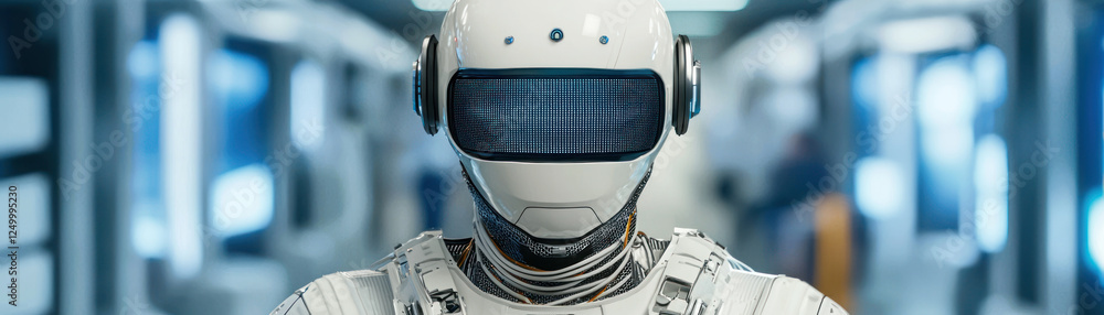 Poster futuristic robot with sleek design and advanced technology stands high tech environment, showcasing 