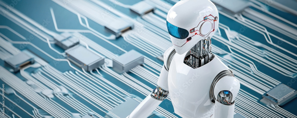 Poster futuristic robot with sleek design interacts with circuit board background, showcasing advanced tech