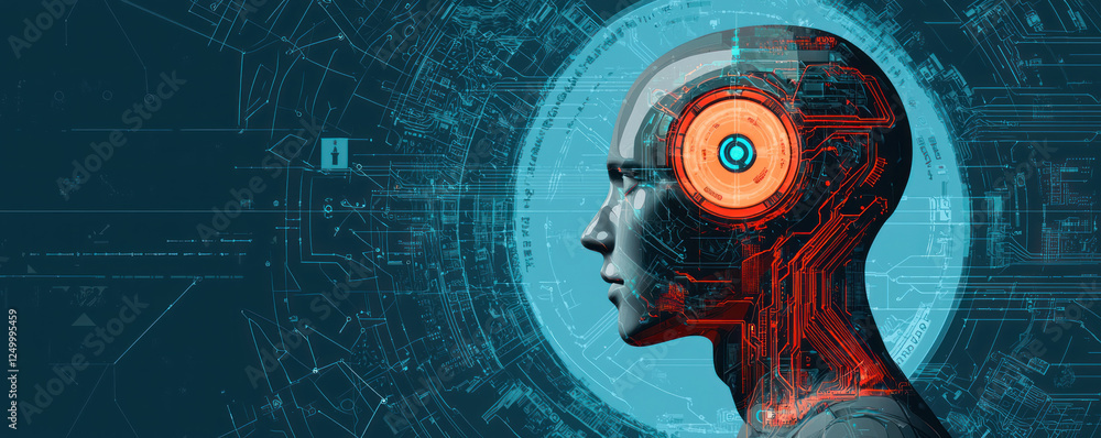 Poster futuristic ai system with visible decision making processes, showcasing human like head with digital