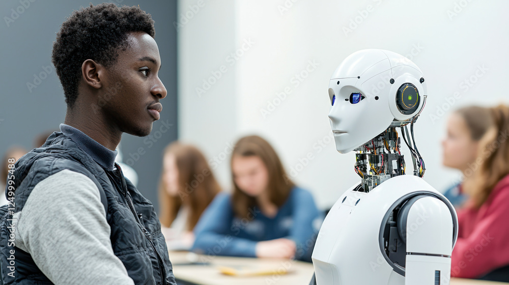 Poster student engaging with robot in classroom, learning about ai ethics and technology