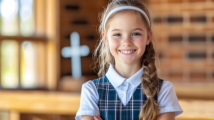 Cheerful young American Catholic school girl wearing a plaid school uniform and headband standing in a classroom with a religious cross visible in the background  She has a friendly